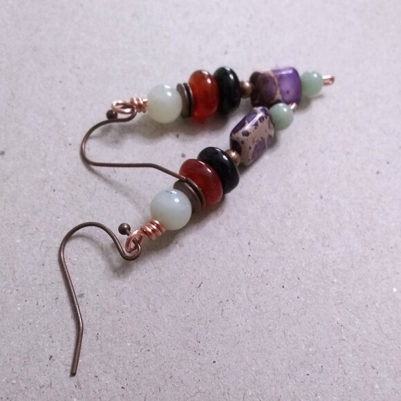 Multi-Hued Fall Danglers ~ Semi-Precious Beads ~ Unique Handmade Stack Earrings - Picture 4 of 6